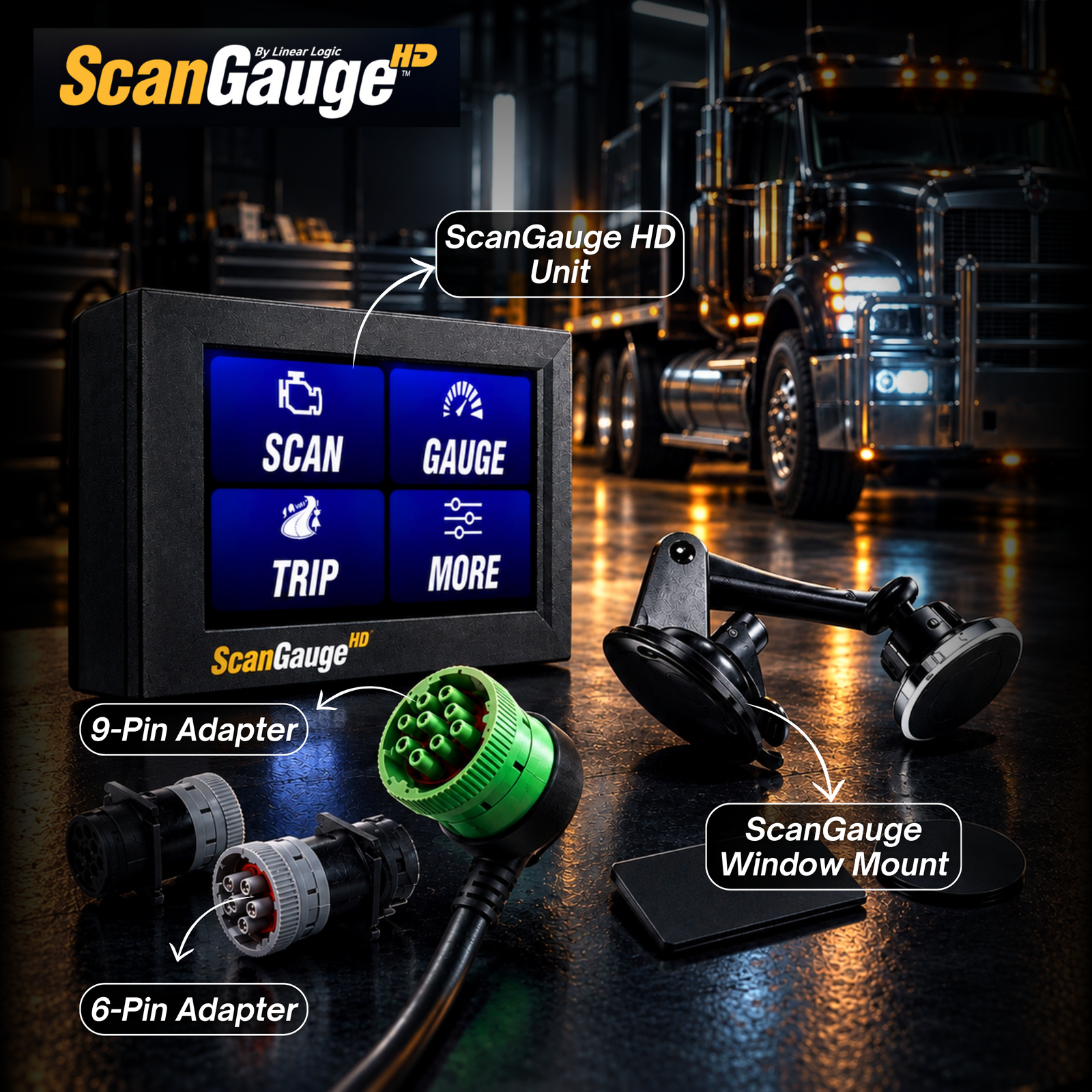 ScanGauge HD box contents: unit, J1939 cable, J1708 adapter, window mount and user manual